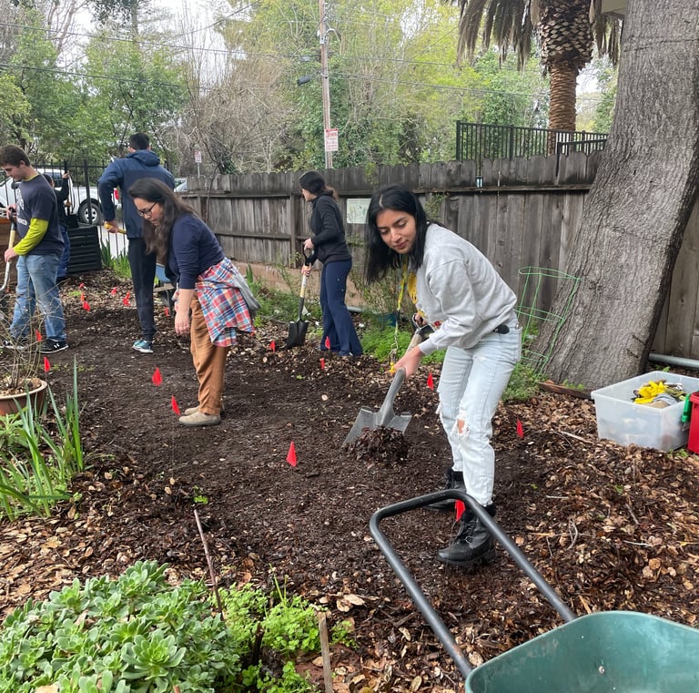 Women filling a rain garden with soil