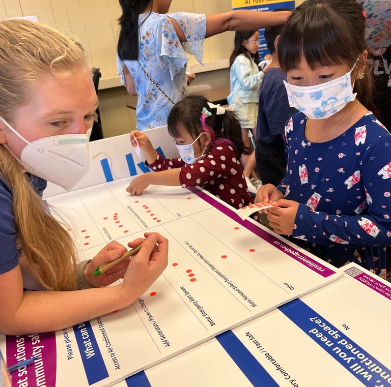 Woman and child putting stickers on a posterboard