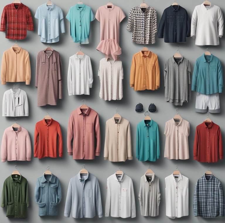Close-up of a colorful patterned shirt hanging neatly on a rack.