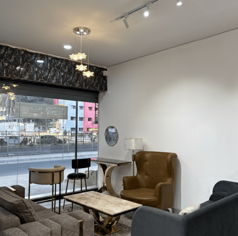 Living room furniture display at showroom in Kumbalgodu Bengaluru