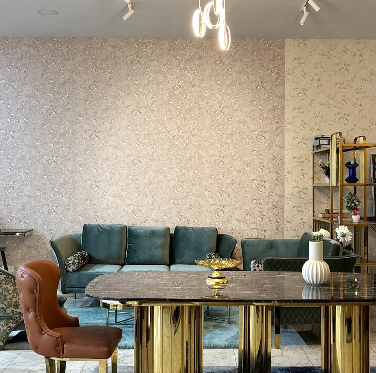 Luxury dining table and sofa setup at furniture showroom in Bengaluru