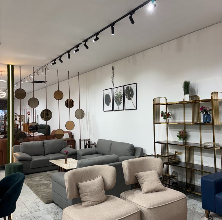 Modern furniture showroom interior in Bengaluru with sofa sets and display shelves