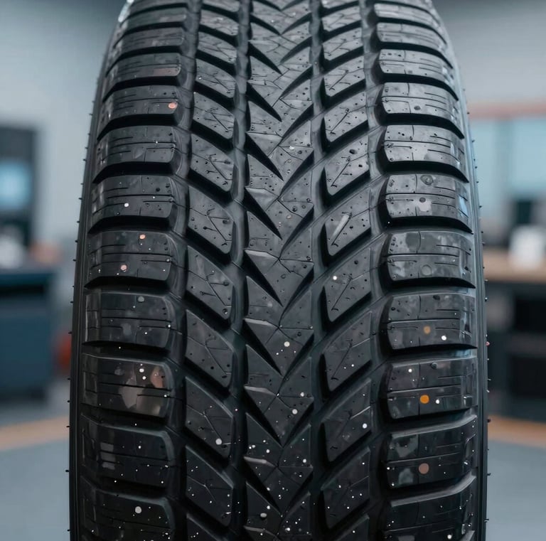 Close-up of a high-performance tire tread, sharp focus on the rubber texture, modern automotive workshop in the background with medium blue and light blue lighting, South American / Brazilian context.
