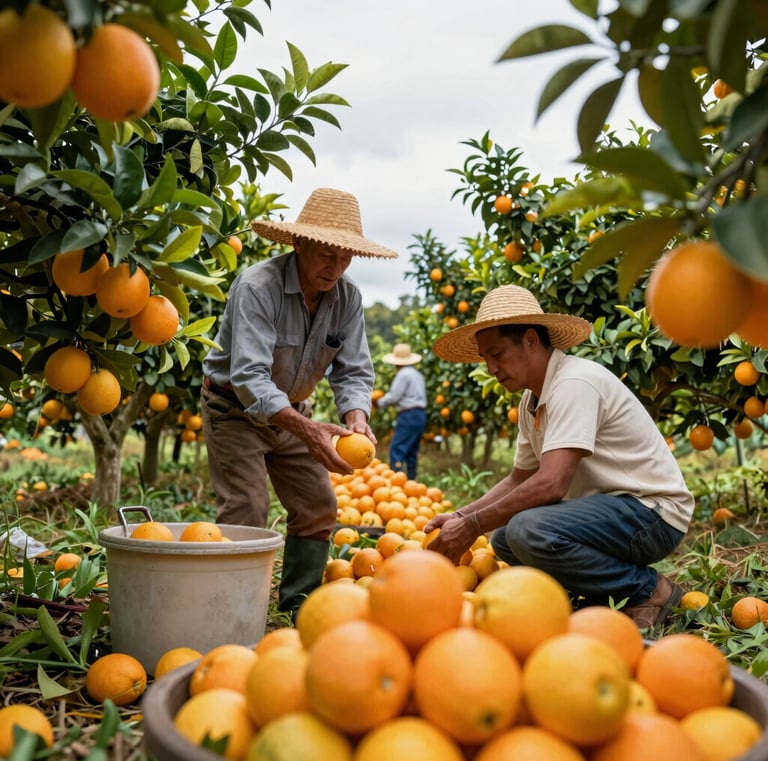 Farmers handpicking plump orange sweet oranges from orchard trees during golden hour light