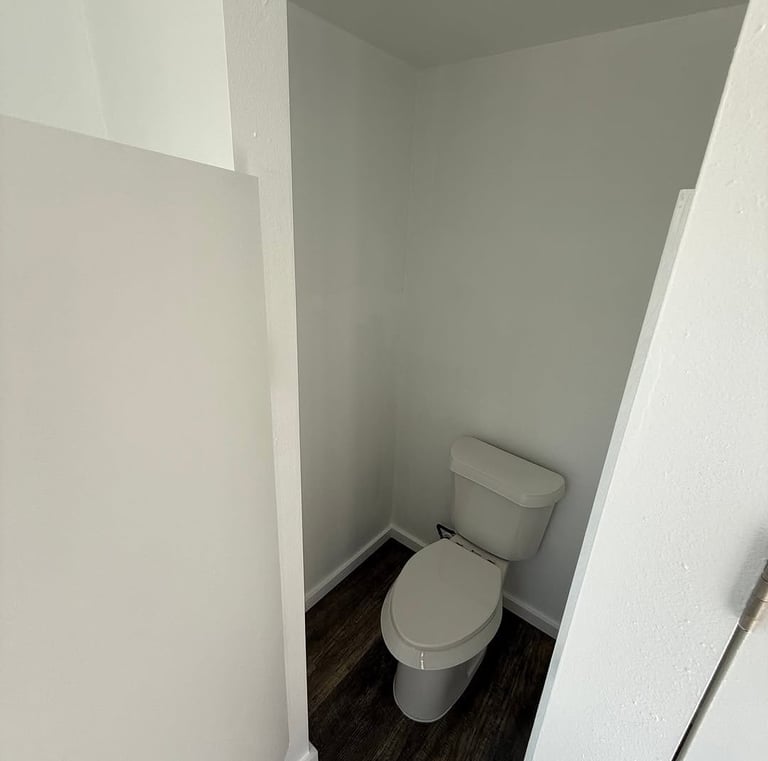 A white modern toilet installed in a small bathroom nook with dark wood-style vinyl flooring.