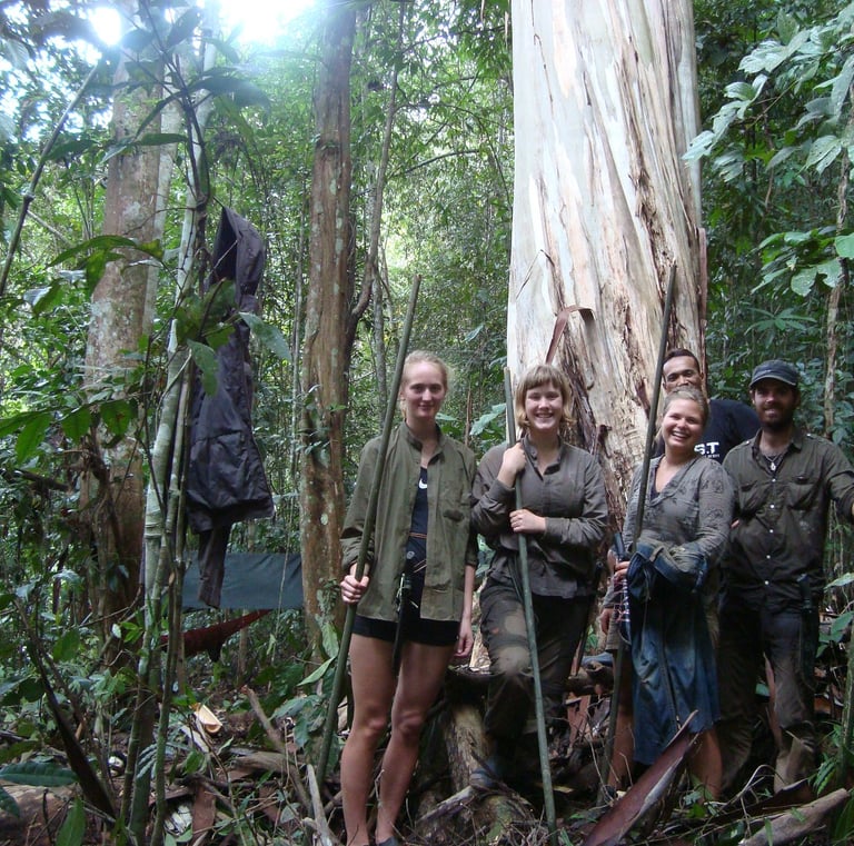 a group of people standing in a forest during the jungle expedition