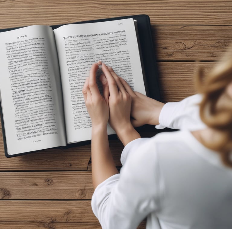 A woman holding a digital prayer journal, smiling softly in a sunlit room.