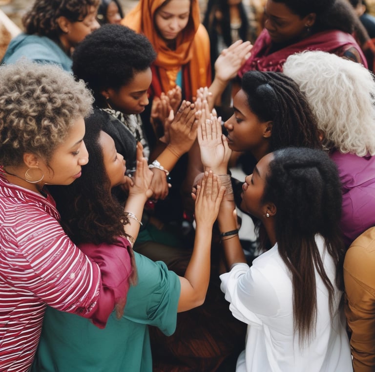 A group of women gathered in prayer, radiating warmth and unity.