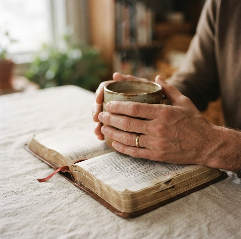 Intimate close-up of hands holding a warm ceramic cup next to an open Bible on a linen tablecloth, soft morning window light, shallow depth of field, warm editorial photography, 35mm film grain