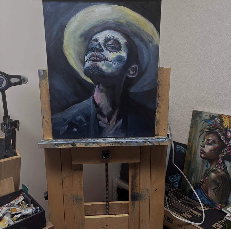 a painting of a man with a hat on a easel