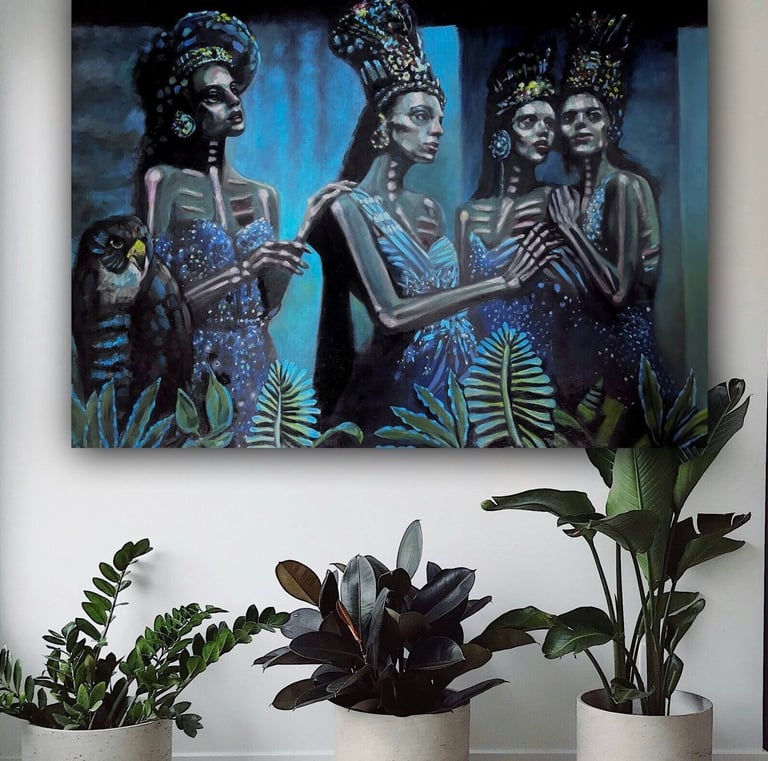 a painting of three women in black and white