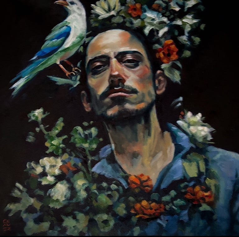 a painting of a man with a bird on his head