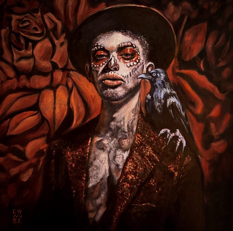 a painting of a man with a bird on his shoulder