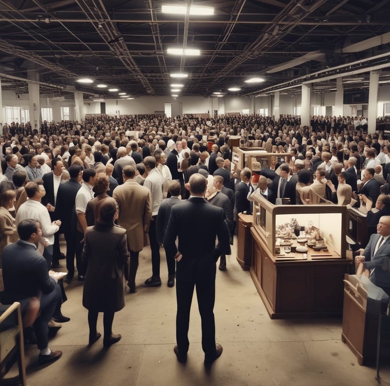 A lively crowd gathered around the auctioneer during an intense bidding session.