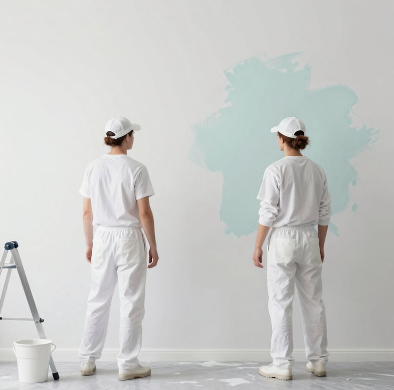 Before and after comparison of a bedroom wall restored with elegant decorative painting.