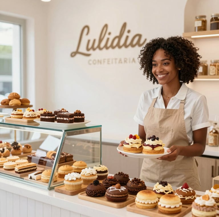 A cozy confectionery shop counter decorated with pastel pink and gold accents.