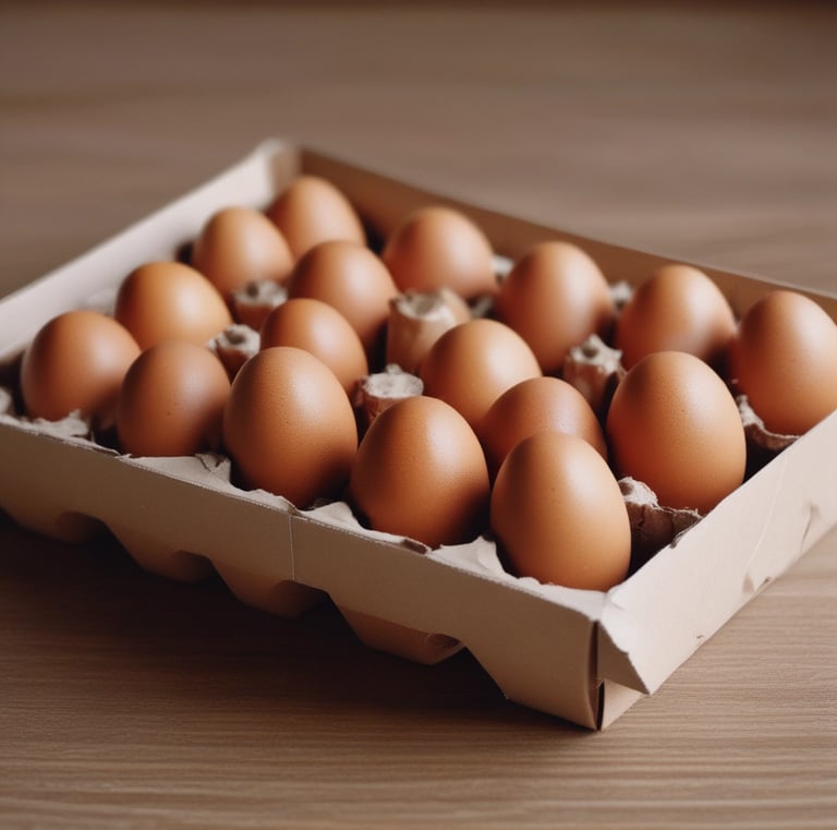Sunlight streaming through a farm window illuminating fresh brown eggs.