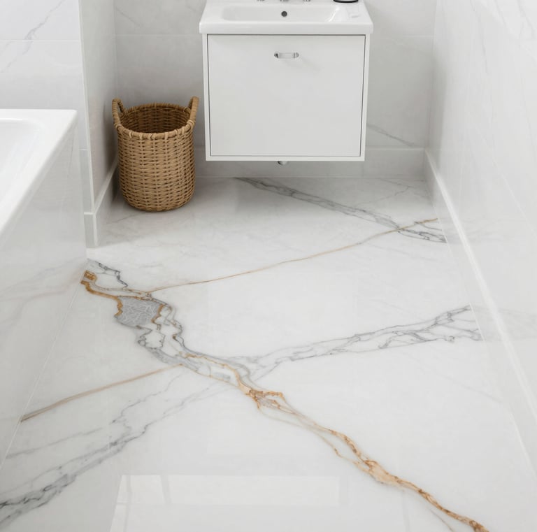 white epoxy resin floor , marble effect in bathroom