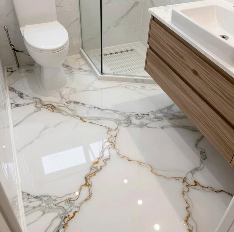 white epoxy resin floor , marble effect in bathroom