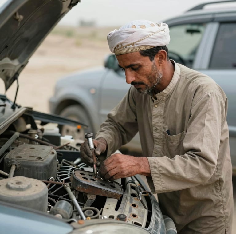 A smiling karigar holding his tools, standing proudly in front of his workshop.