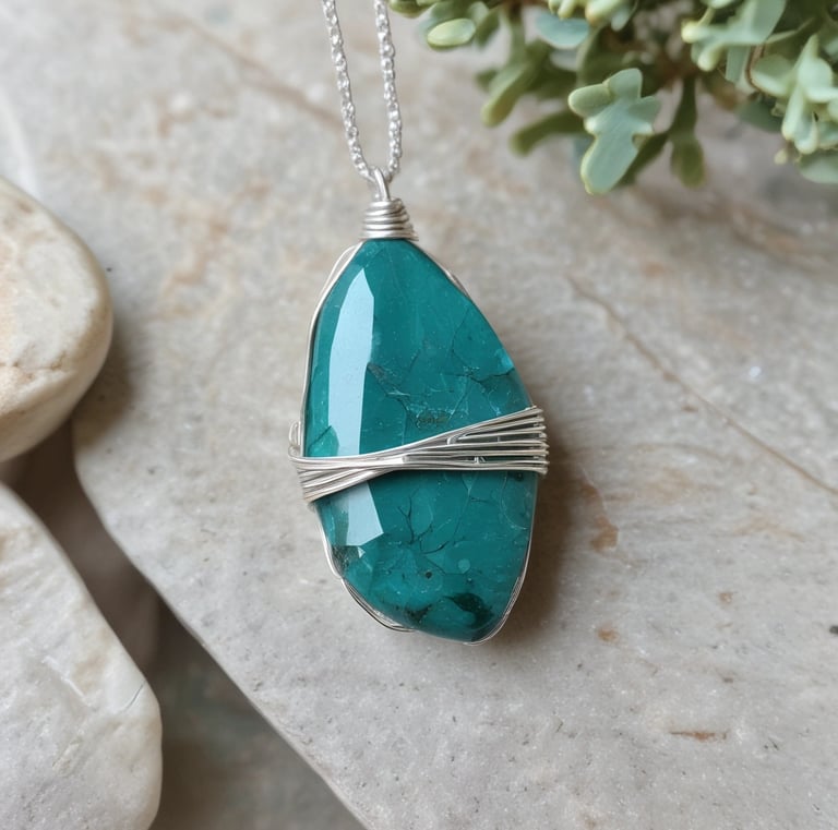 Close-up of a delicate wire-wrapped crystal pendant resting on driftwood with soft natural light.