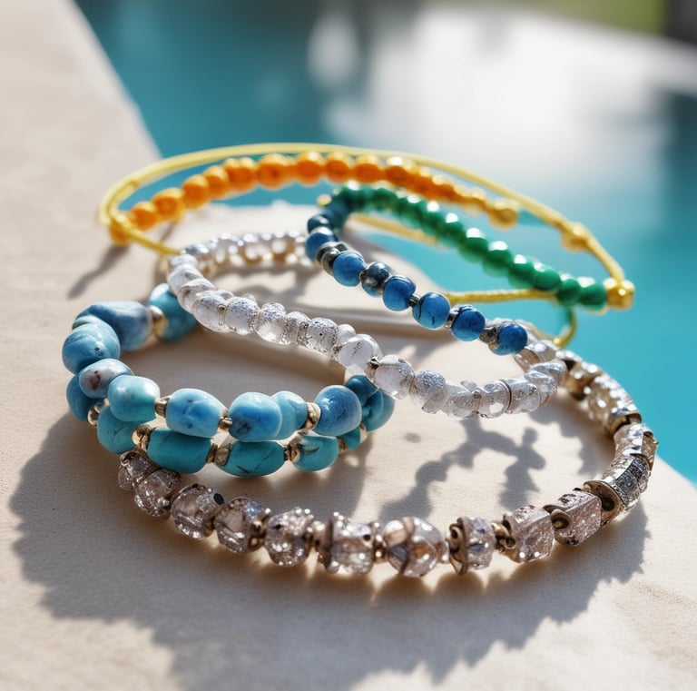 Artisan hands carefully threading natural stones into a minimalist bracelet against a backdrop of linen fabric.