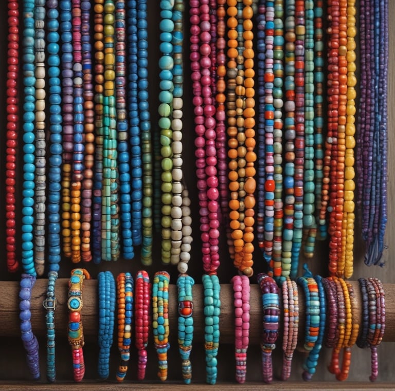Soft sunlight filtering through window blinds onto a collection of handcrafted earrings arranged on a wooden tray.