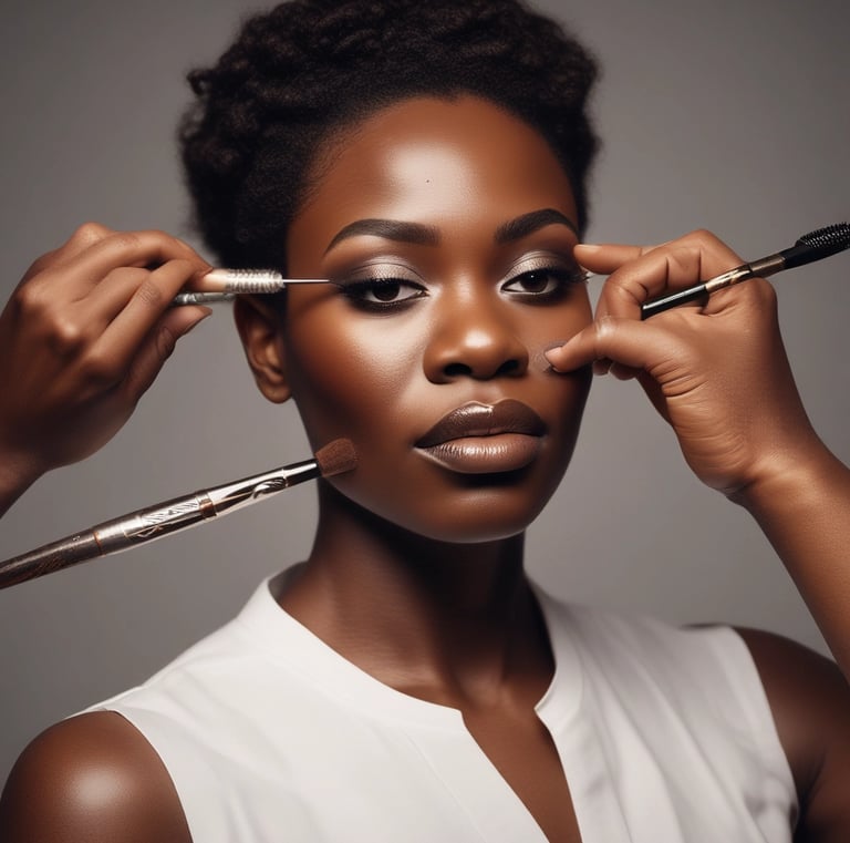 Sandra smiling warmly while touching up a client’s makeup under bright studio lights.