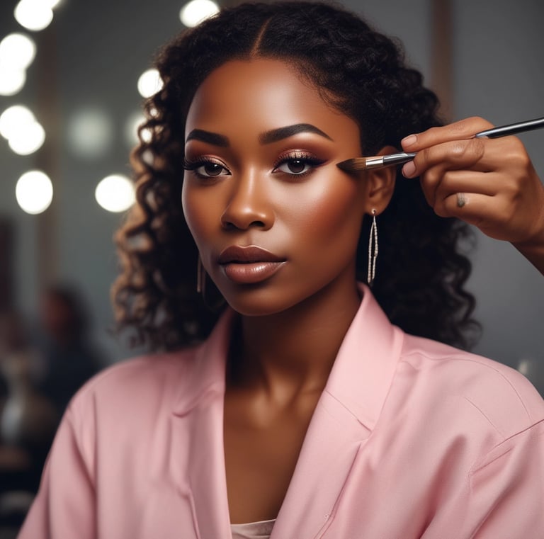 Close-up of a Cameroonian celebrity with vibrant, flawless makeup highlighting her natural beauty.