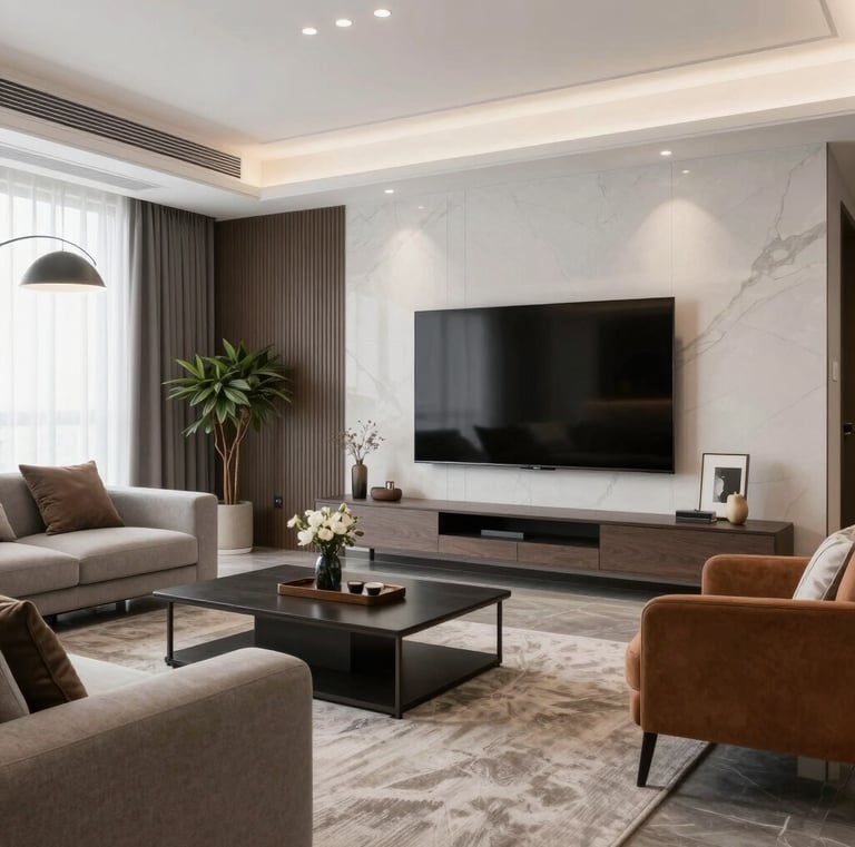 Creative exhibition stand featuring sleek wood panels and dynamic shapes.