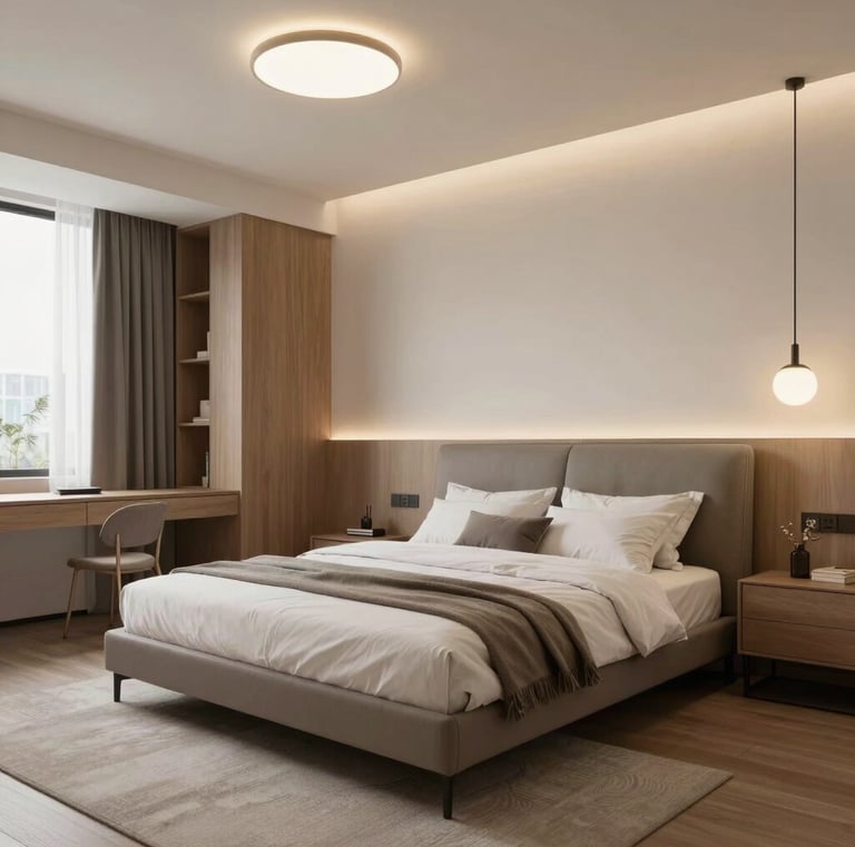 Inviting lounge area with warm wood tones and soft ambient lighting.