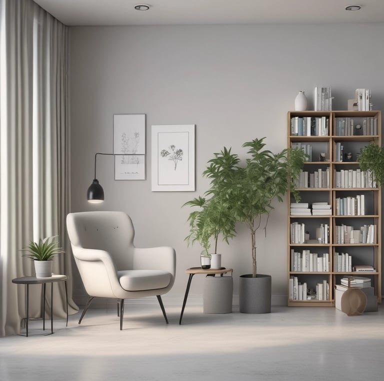 A calm and inviting waiting area with minimalist design and soft colors.