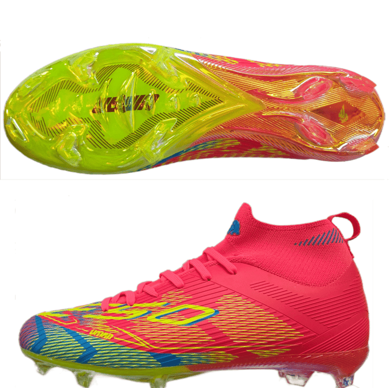 Botas de fútbol en rosa brillante y amarillo, con una parte superior texturizada.