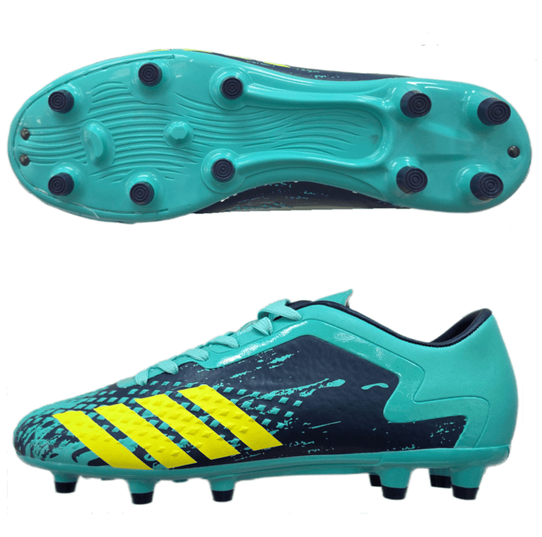 Botines de fútbol en color turquesa y azul marino con rayas amarillas y tacos para terreno firme.