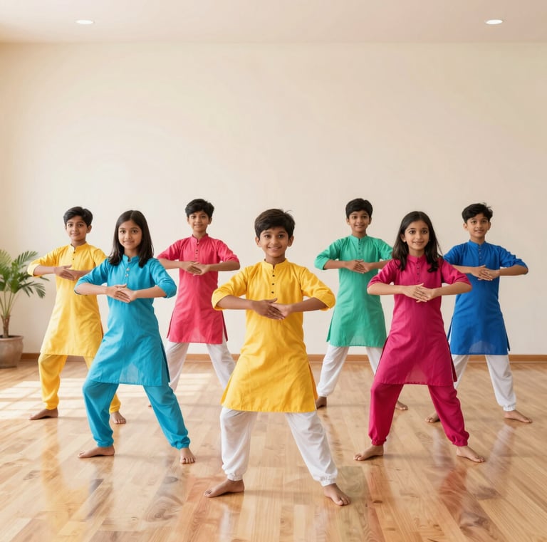 A joyful child spinning with flowing traditional attire in a sunlit room.