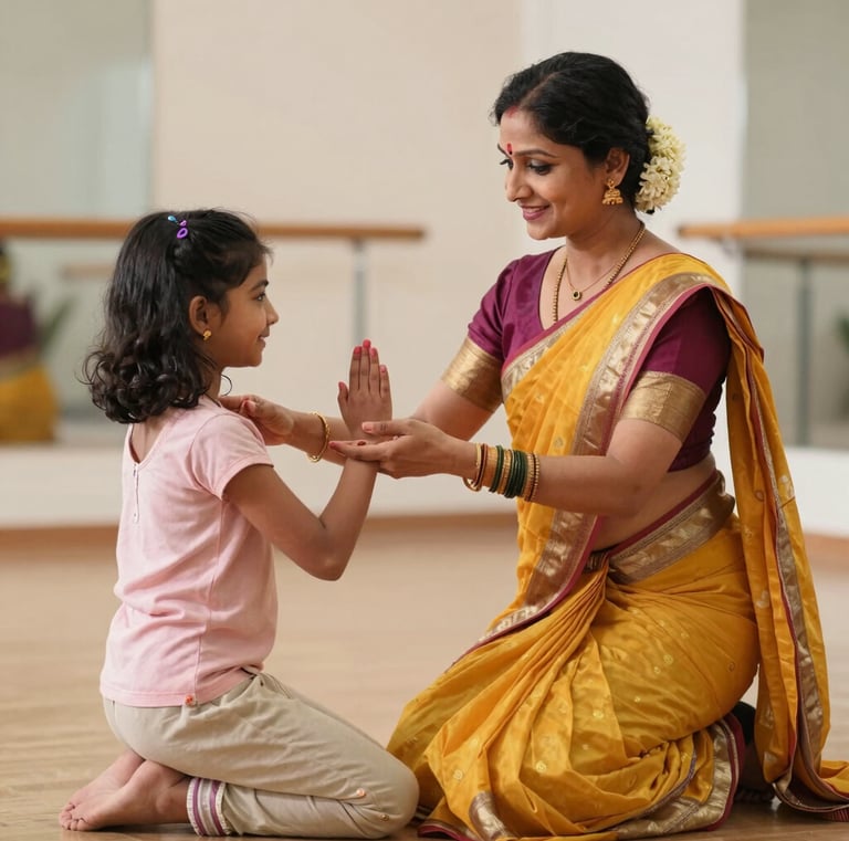 A group of children in colorful traditional costumes smiling during a dance lesson.