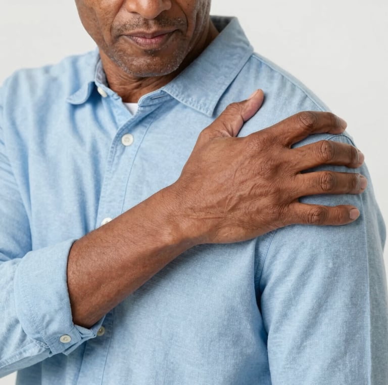 Um homem segurando o ombro com dor, representando sintomas de lesão no ombro ou artrite.