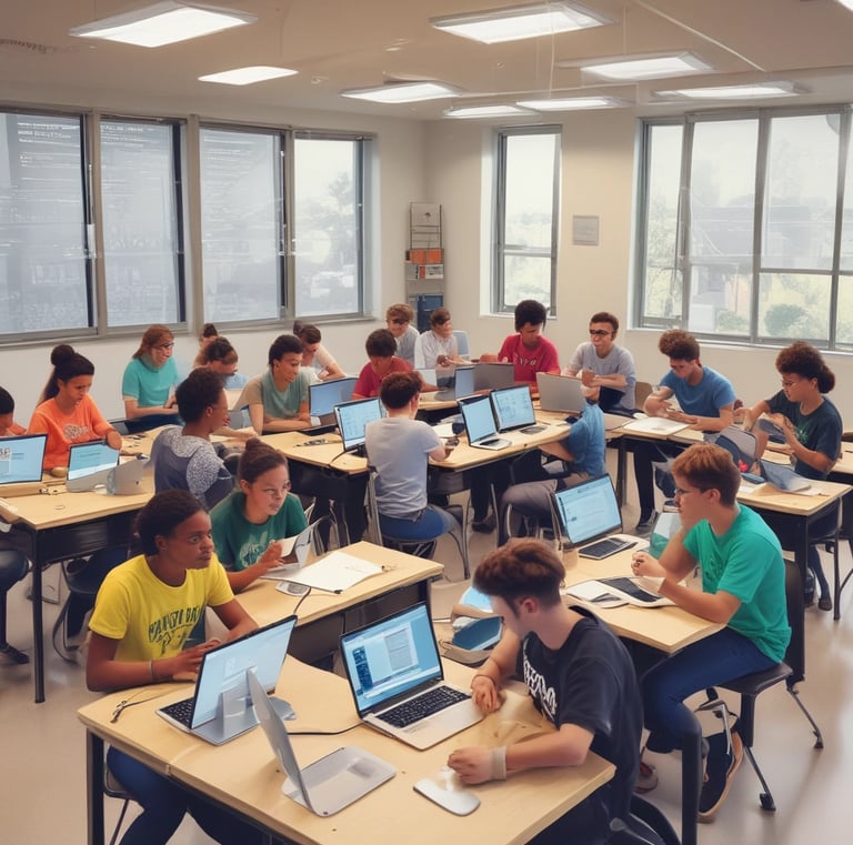 Create a bright, modern classroom scene showing students actively collaborating on a Python coding p