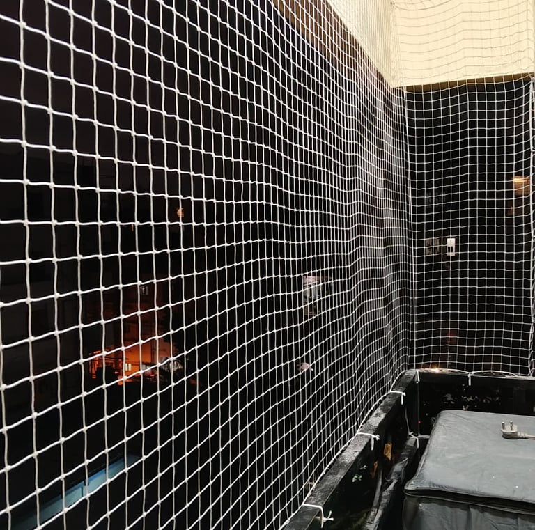 Pigeon nets blending seamlessly with the exterior of a modern Bangalore house.