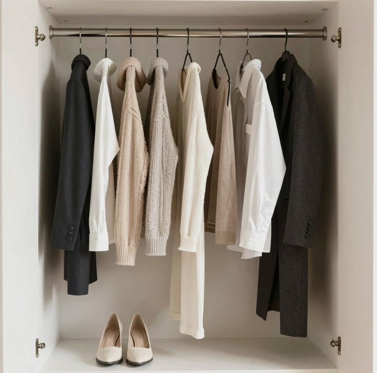 A bright, airy closet with natural light highlighting the clean, organized setup.