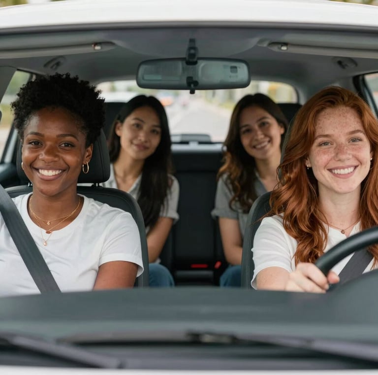 Close-up of a female driver's hands on the steering wheel, showing professionalism and care.
