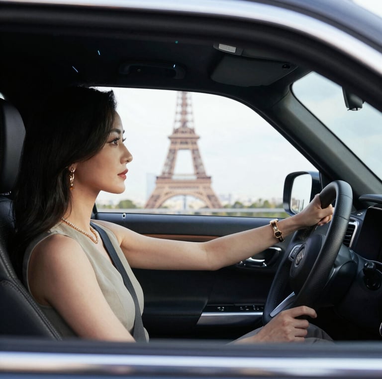 A confident female driver wearing a subtle pink scarf, smiling warmly at the camera.