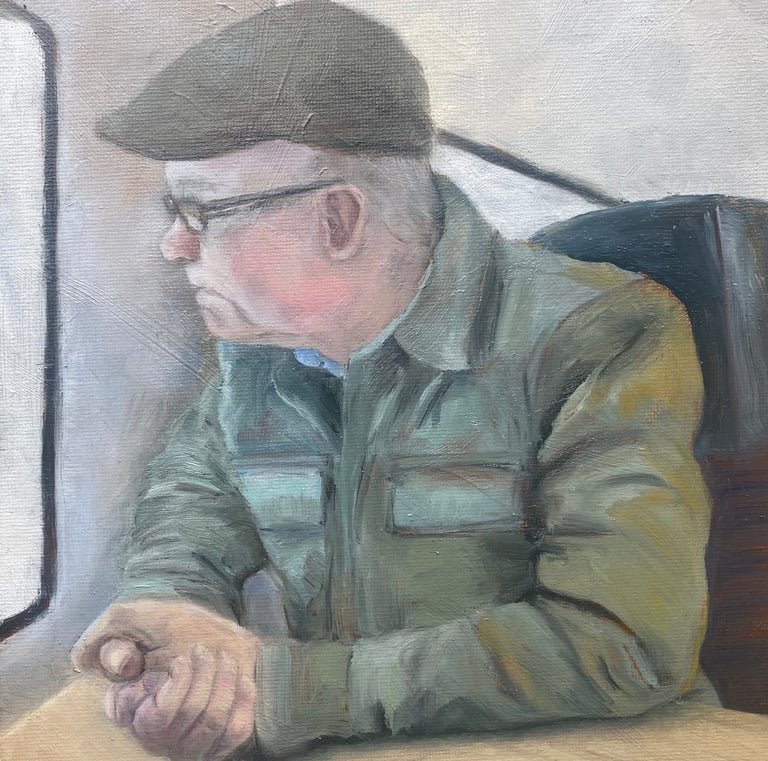 An original oil painting of a man deep in thought on the train