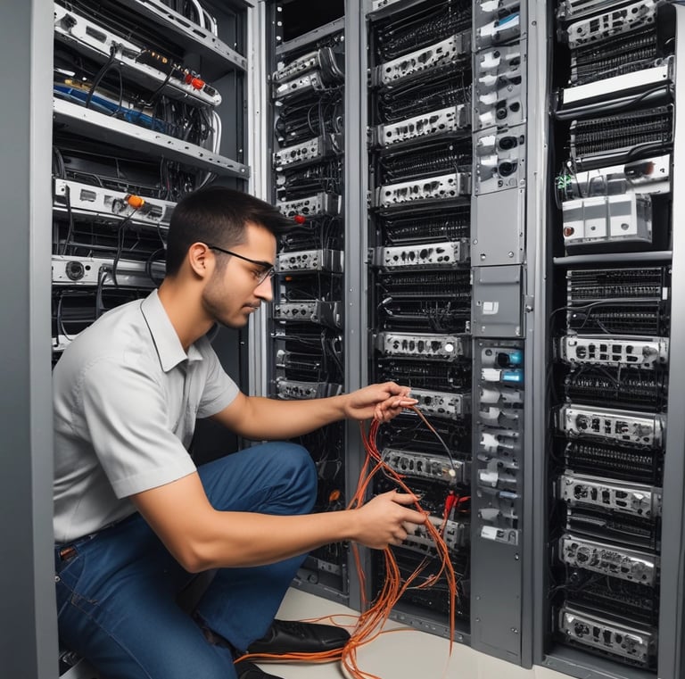 Technician setting up networking cables behind a wall panel.