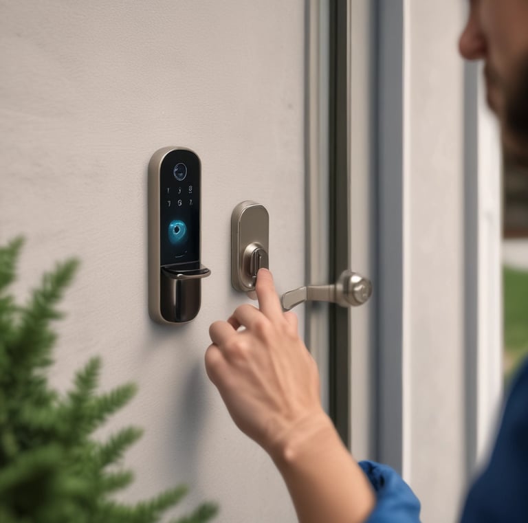 Wide shot of a living room featuring integrated smart lighting and security cameras.