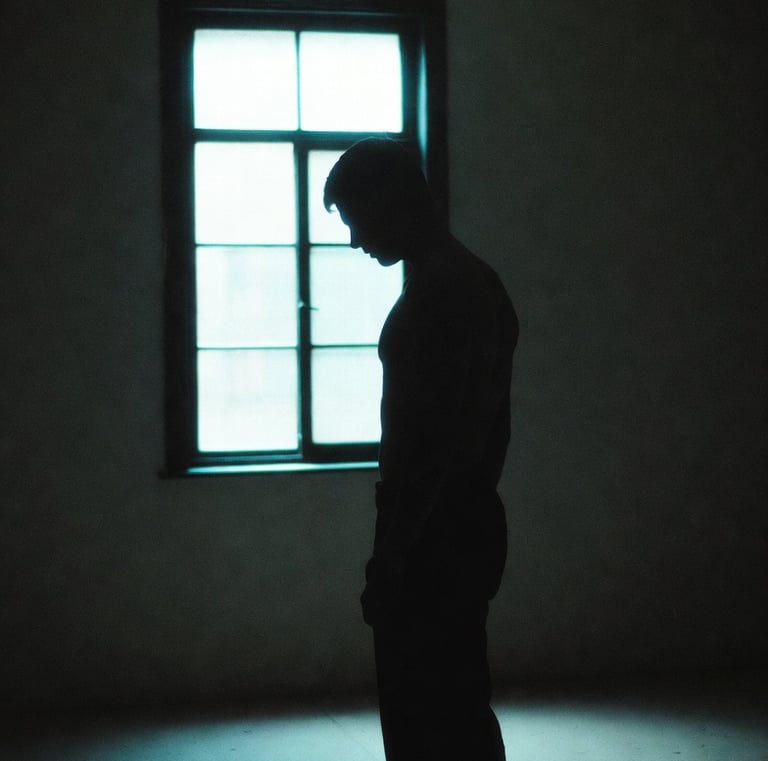 A person standing in a quiet room at night, light from a single window casting long shadows.