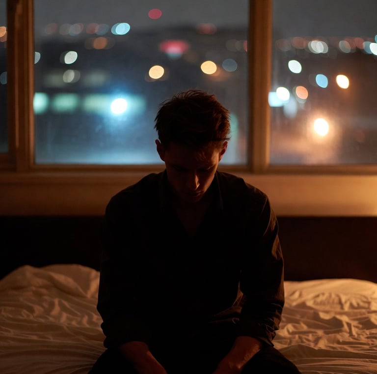 A solitary figure sitting on the edge of a bed at 3 a.m.