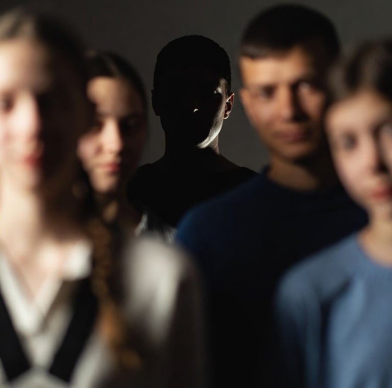 A family portrait where everyone is sharply lit except one figure slightly pushed into shadow