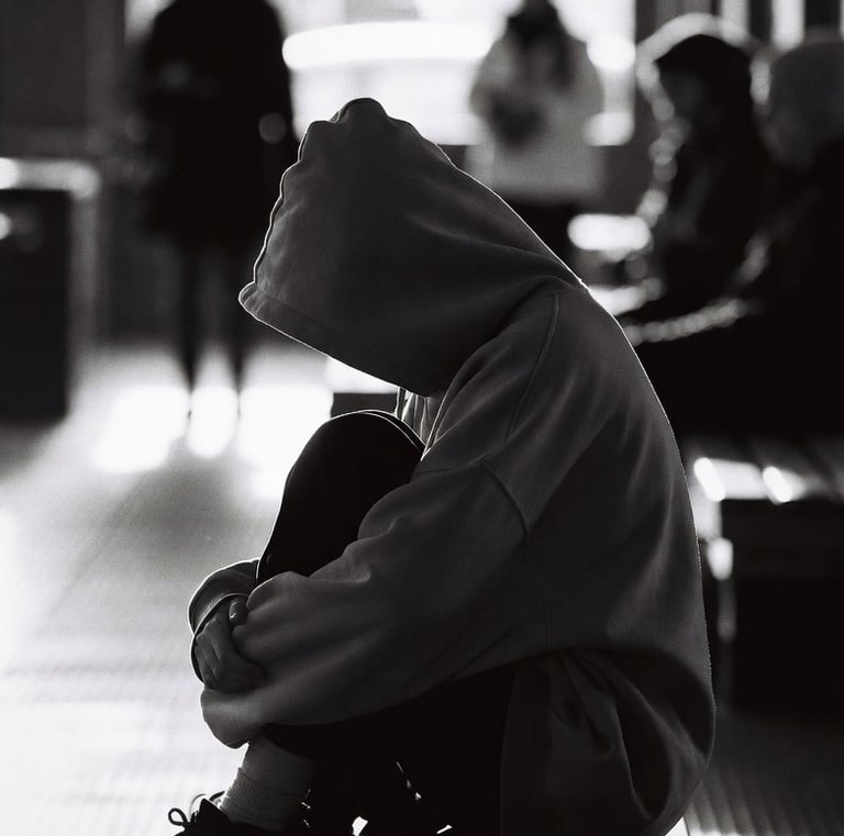 A person wrapped in an oversized hoodie, sitting alone in a public space