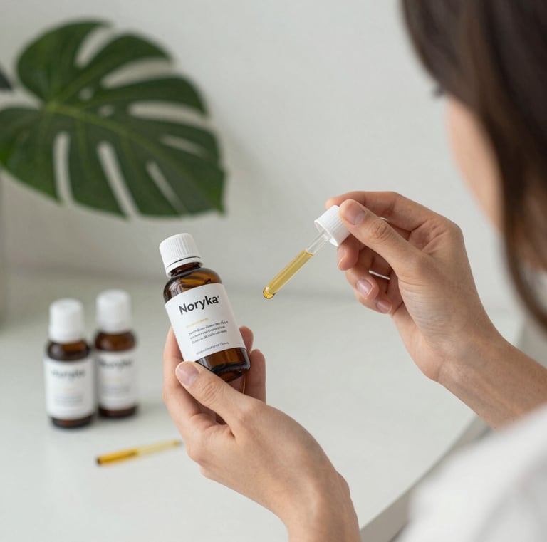 Elegant glass bottles of Noryka Labs serums placed on a wooden surface with green leaves.